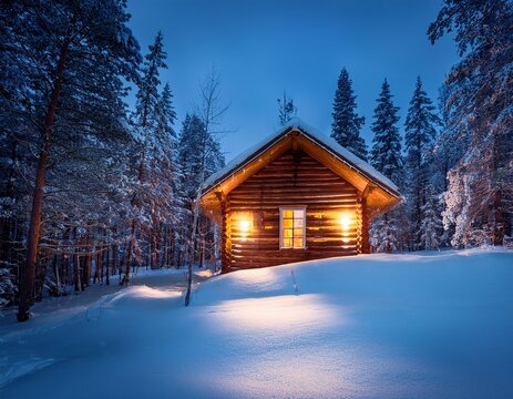 cozy log cabin in a snowy forest at night with glowing lights