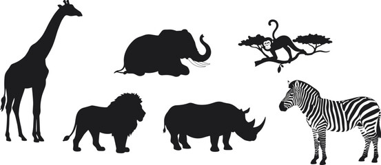 African animals, wildlife silhouettes, giraffe, elephant, monkey, lion, rhino, zebra, tree interaction, jungle scene, nature, black shapes, profile © Moyuri