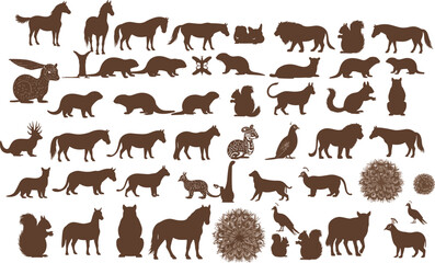 Animal silhouette collection, fantasy creatures, wildlife icons, stylized pets and birds, decorative design elements, brown vector art, mythical animal shapes