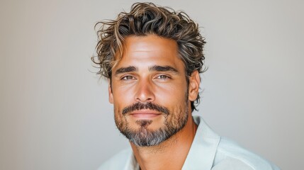 Obraz premium Handsome man with curly hair and beard, wearing a light shirt, poses confidently against a neutral background, showcasing a relaxed and approachable demeanor in a portrait setting