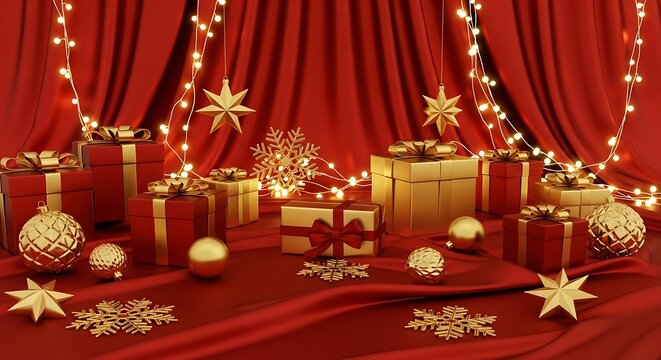 Festive Christmas Presents and Decorations on Luxurious Red Background