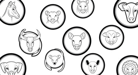 A collection of stylized animal heads are displayed in circular frames on a white background.