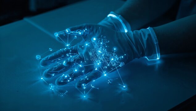 Futuristic medical gloves displaying glowing digital interface on table