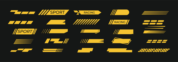 Dynamic Racing Stripes and Checker Line Stickers for Sport Cars and Motorcycles, High-Speed Rally Performance, Vector Background Elements Set, yellow racing stripes and sport sticker 