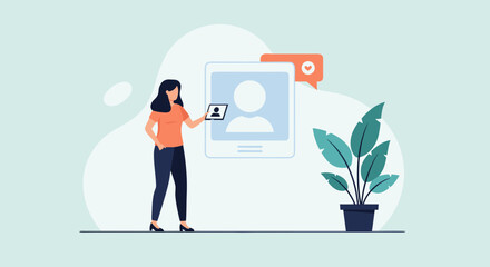 Stylish woman promoting social media profile with tablet, showcasing online presence and connection, ideal for marketing and digital strategy visuals