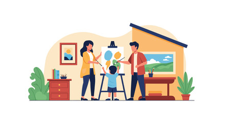 Delightful family art time showcasing creativity and connection, perfect for heartwarming family moments and artistic promotions, originally scalable vector