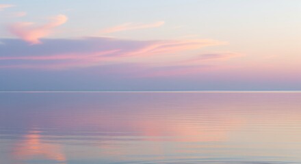 Obraz premium Calm ocean waters reflect soft pink and purple twilight hues. Gentle waves create subtle ripples across the peaceful surface. Perfect for meditation apps, wellness content, or calming backdrops.