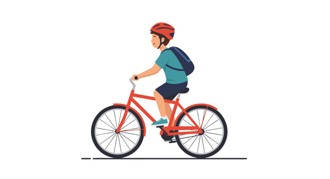 Young man joyfully cycling with backpack and helmet, perfect for active lifestyle, fitness, or commuting concepts originally designed as a vector graphic