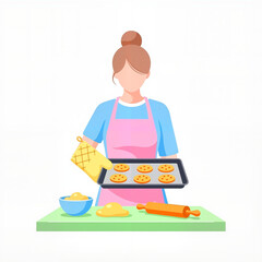 Woman baking cookies in kitchen wearing apron and oven mitt  