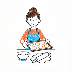 Young woman baking cookies with rolling pin and bowl in kitchen  