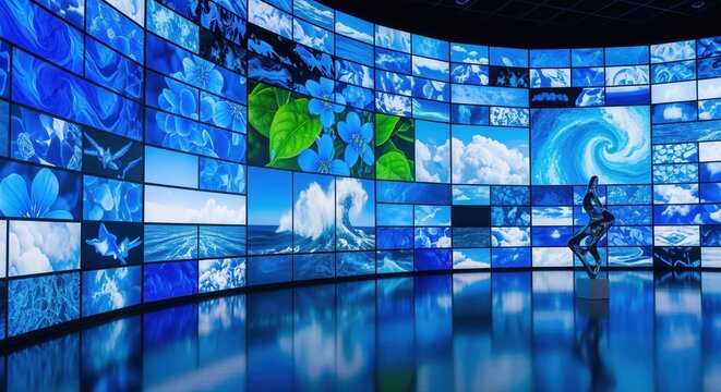 Person stands in modern room surrounded by large video walls showing nature scenes. Blue tones dominate with clouds, water, and green leaves displayed on multiple screens. Ideal for tech concepts.