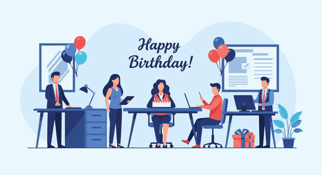 Celebrate a successful birthday party with friendly work colleagues in the office, showing teamwork, collaboration, and cheerful holiday gathering vibes