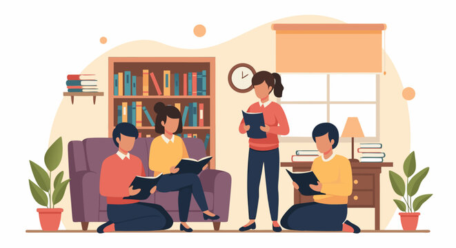 Engaging reading group enjoying books in cozy living room, perfect for promoting literature, education, and intellectual pursuits in a relaxed setting