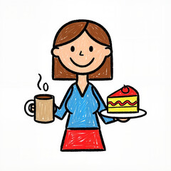 Happy woman holding coffee and cake with cheerful expression  