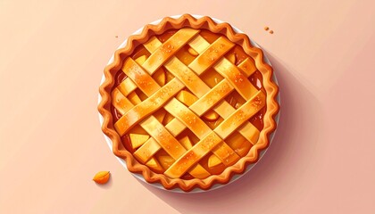 Ilustration of a golden lattice top pie on a white plate, bathed in warm sunlight
