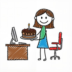Girl holding birthday cake at desk with computer and chair  
