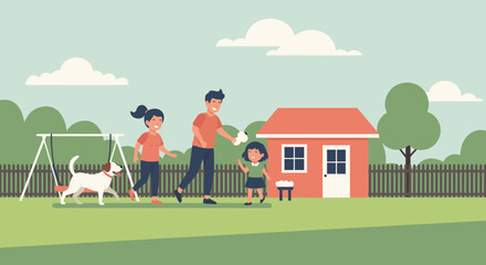 Happy family plays fetch with dog in sunny backyard, enjoying quality time together near home, promoting family values and outdoor fun in neighborhood