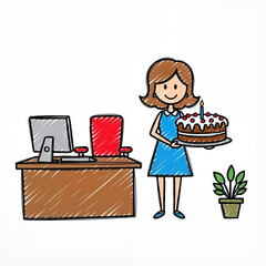 Woman holding birthday cake in office with computer and plant  