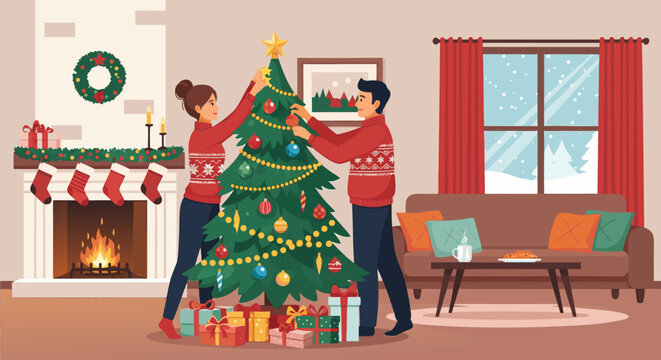 Couple decorating Christmas tree together in cozy home, enjoying festive holiday spirit, creating lasting memories with love and laughter during winter season