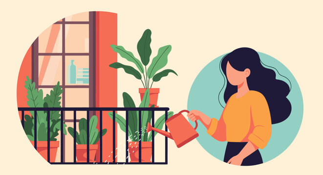 Woman tending to her vibrant balcony garden with love, watering potted plants in her urban oasis, bringing nature to city living, relaxed lifestyle