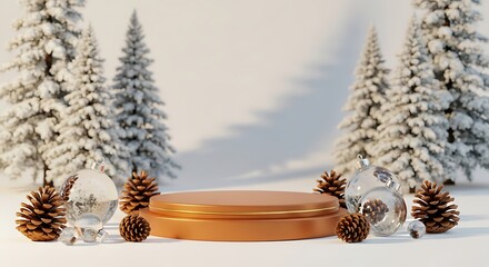 Festive Christmas product display podium with snow covered trees backdrop
