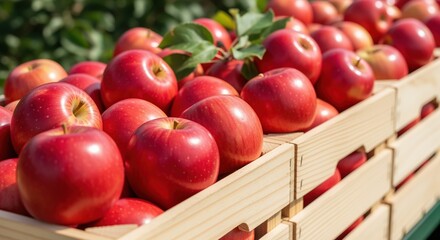 Fresh red apples with green leaves in wooden crates ready for sale. Perfect for food markets, grocery stores, healthy eating campaigns, farm produce displays, and orchard harvest concepts.