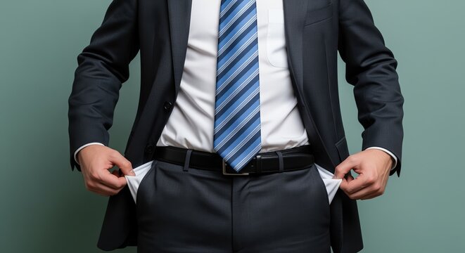Businessman in formal suit showing empty pockets by pulling them out. Concept represents bankruptcy, financial crisis, or lack of money. Useful for business failure and economic hardship themes.