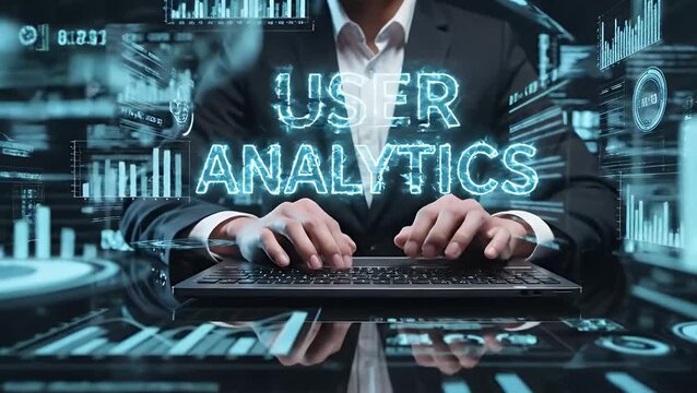 A businessman analyzes user data on a futuristic holographic screen