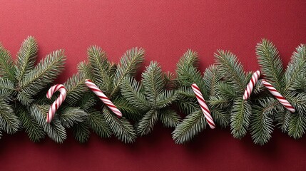 Decorative sprigs of greenery and candy canes enhance a vibrant red backdrop, bringing warmth and cheer for the holiday season