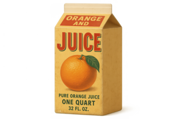 Orange juice carton featuring a vintage packaging design with a fresh orange illustration, representing healthy food and drinks