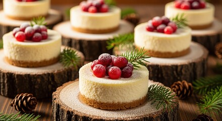 Mini cheesecakes topped with sugared cranberries and pine sprigs on wooden slices. Rustic holiday desserts perfect for festive gatherings, winter celebrations, or seasonal menus.