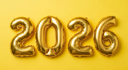 Shimmering golden foil balloons forming the number 2026 on a bright yellow backdrop, representing an exciting future, upcoming celebrations, and a hopeful fresh start for the new year