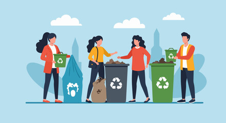 Teamwork for a Greener Planet: People Enthusiastically Sorting Waste and Promoting Recycling in a Modern City Setting, Showing Responsibility and Environmental Awareness