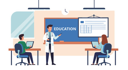 Engaging medical education session with doctor and students, fostering collaboration and learning in a modern, professional setting for healthcare insights