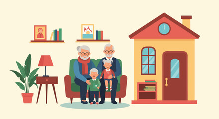 Grandparents cherish precious moments with grandkids in cozy home, creating lasting family memories and showcasing the warmth of intergenerational love