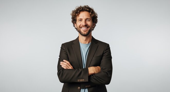 A smiling man stands with arms crossed wearing a dark blazer over a casual shirt. Perfect for business profiles, corporate websites, marketing materials, or professional presentations.