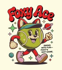 Fototapeta premium Foxy ace tennis ball character cartoon illustration retro vintage style design vector artwork graphic