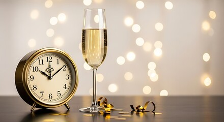 New Year's Eve countdown to midnight with a glass of champagne and a vintage clock against a background of festive bokeh lights