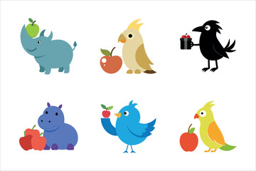 Fototapeta premium Simple apple and cute bird vector flat art