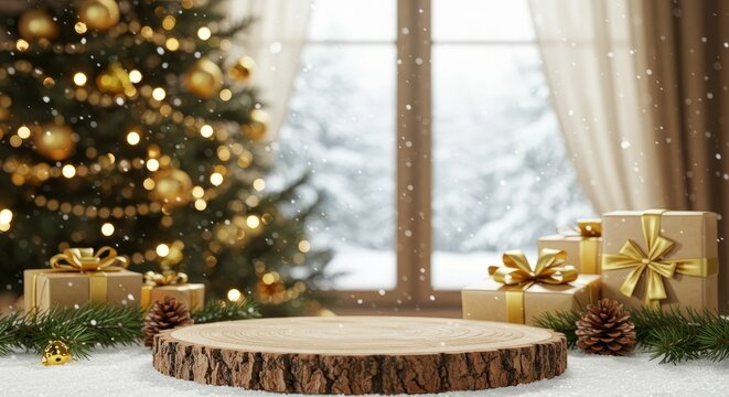 Christmas Product Display Mockup. Wooden log slice pedestal podium, golden gifts, festive bokeh lights, and snowy winter window background for holiday promotions.