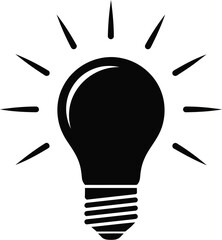 A black silhouette of a light bulb with radiating lines symbolizes a bright idea.