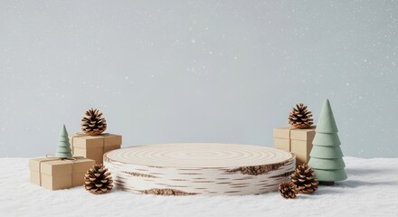 Minimalist Winter Christmas podium display on fresh snow with birch wood, craft gift boxes, pine cones, and abstract trees. Holiday product presentation mockup.