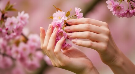 Woman's hands with a perfect natural manicure holding pink cherry blossoms. Springtime beauty and skincare concept. Close-up on sakura flowers