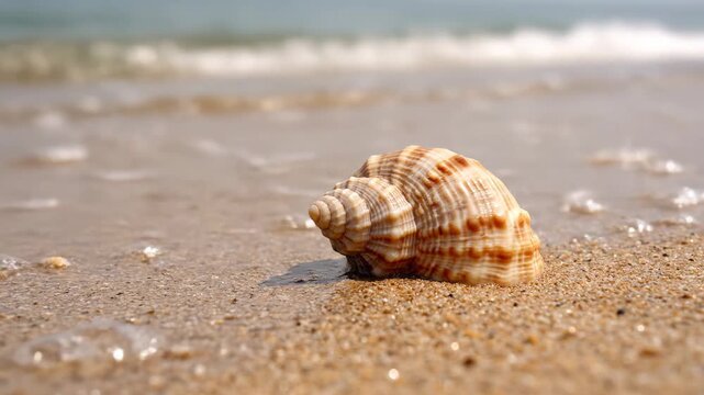 Conch shell resting on the glistening sand, with the background filled with gentle waves rolling onto the shore on a bright summer day