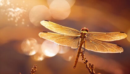 close up of a golden dragonfly with delicate wings in soft light