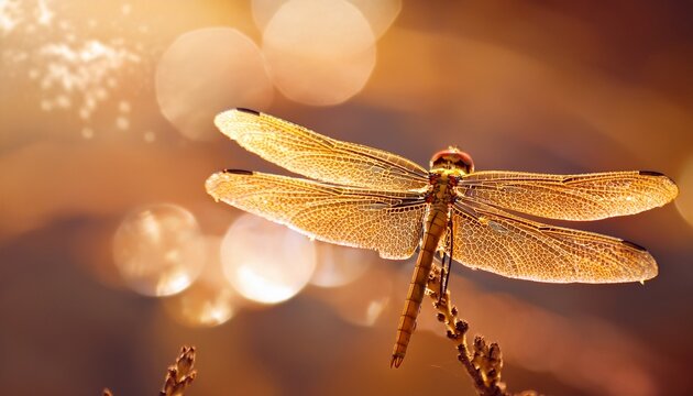 close up of a golden dragonfly with delicate wings in soft light