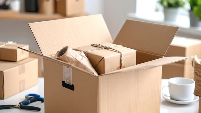 Cardboard Boxes with Gifts and Packaging Supplies.
