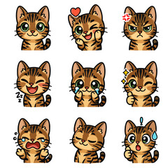 A set of cute anime cats illustrations doing different activities with different expressions.Stickers or badges. 	Bengal