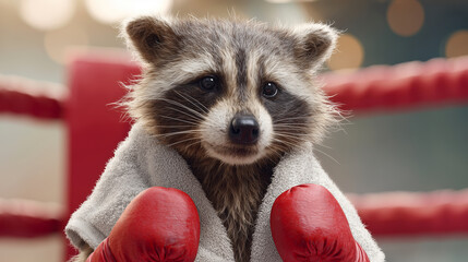 Raccoon wearing boxing gloves and towel standing in boxing ring