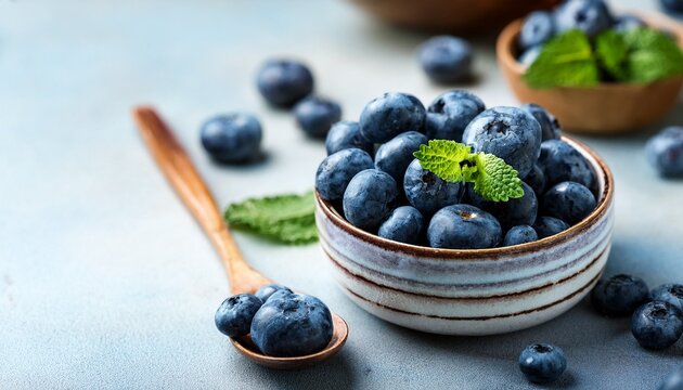 fresh blueberries in a bowl with mint and a spoon of berries